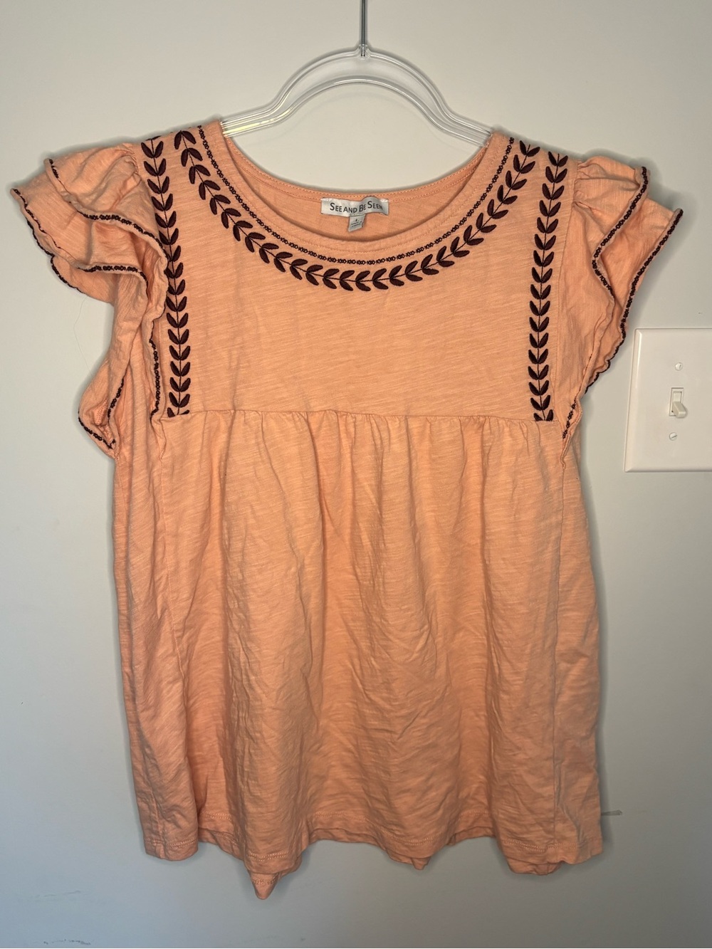 Peach Embroidered Ruffle Sleeve Blouse